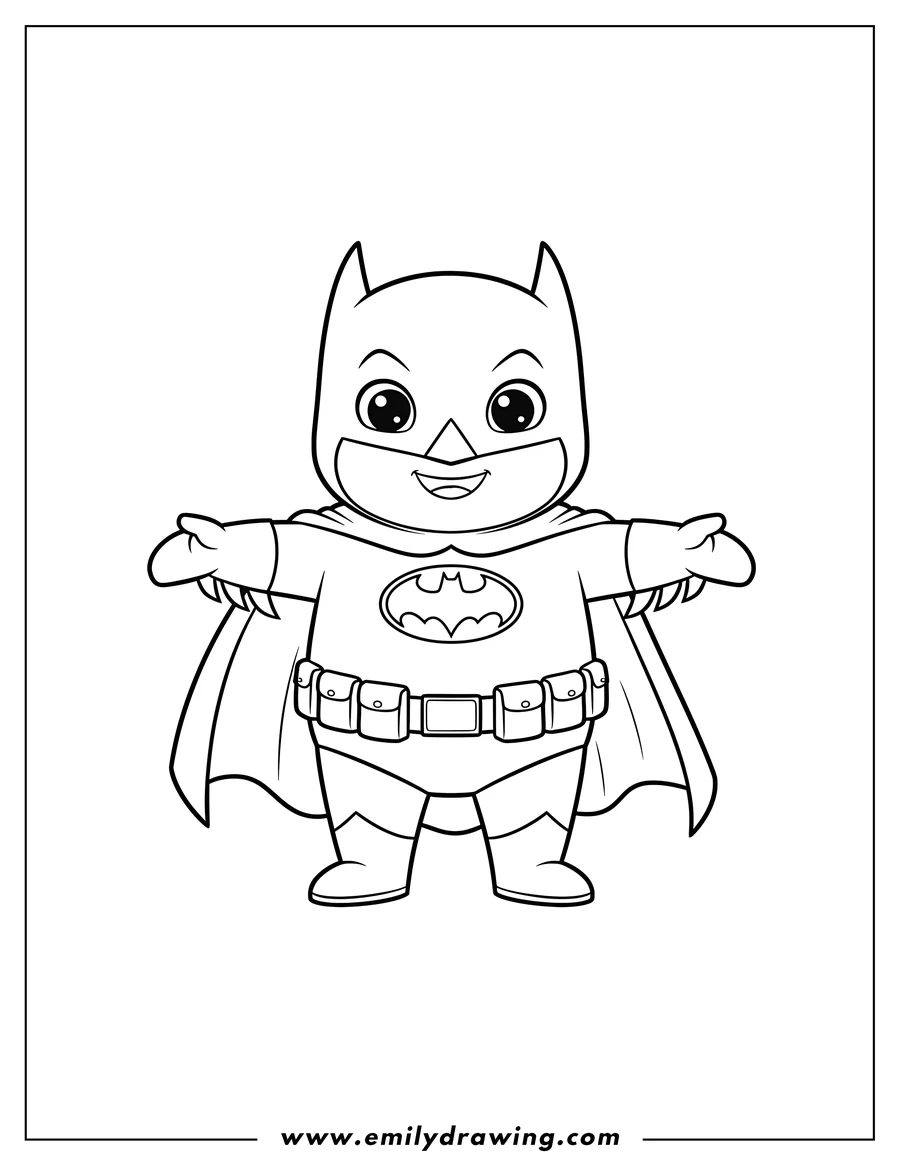 Doodle style coloring picture of simple Outline Cute Batman standing and smiling To Color Scaled
