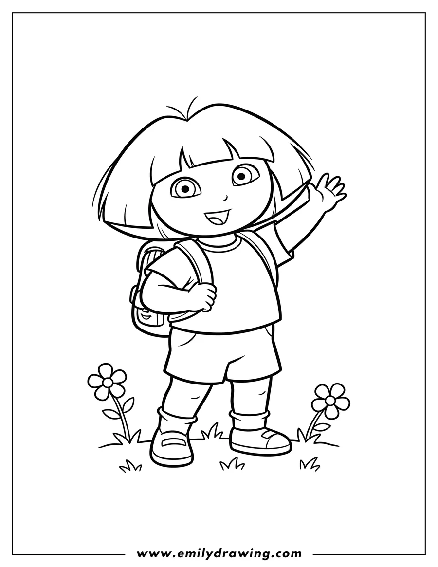 Full page coloring image of simple Outline Dora smiling and waving with her backpack for preschoolers to color