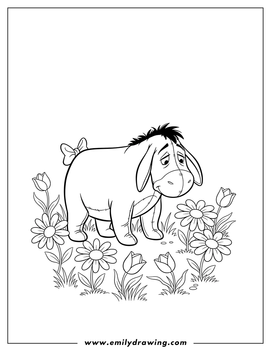 Simple sketch of simple Outline Eeyore looking down, with his bow tail, among flowers, for coloring to color