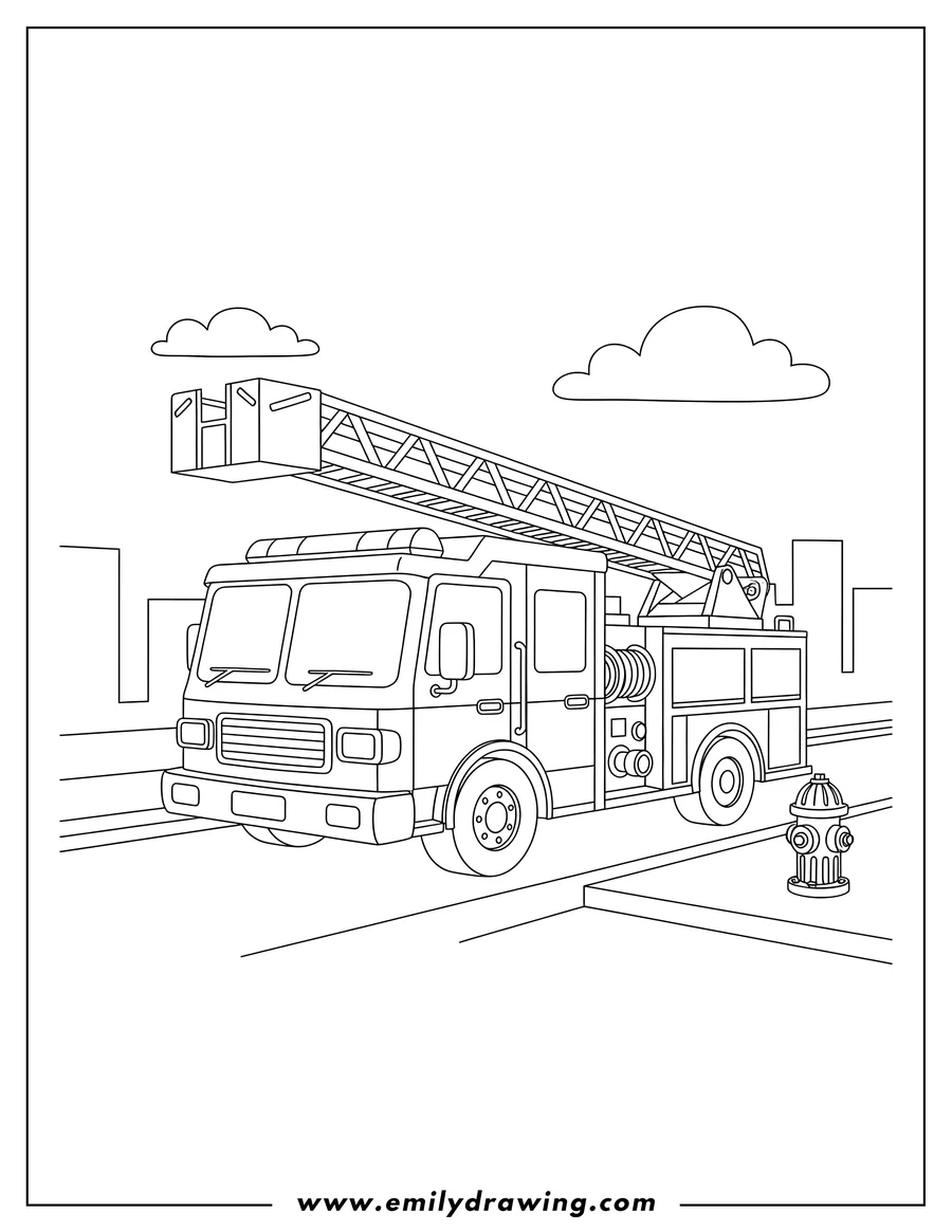 Linear illustration of simple outline fire truck on a street with a fire hydrant