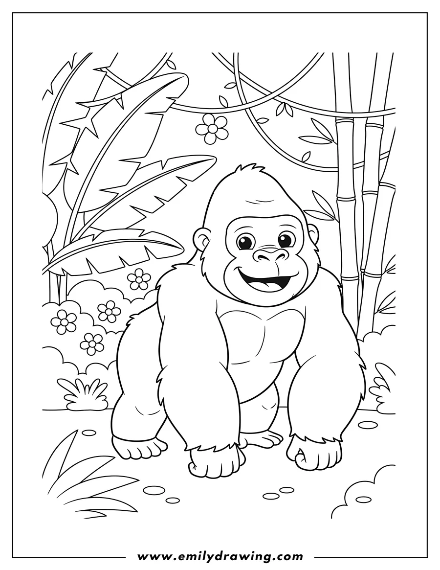 Coloring page of simple Outline Gorilla standing on all fours, with a happy smiling face, in a jungle, for coloring
