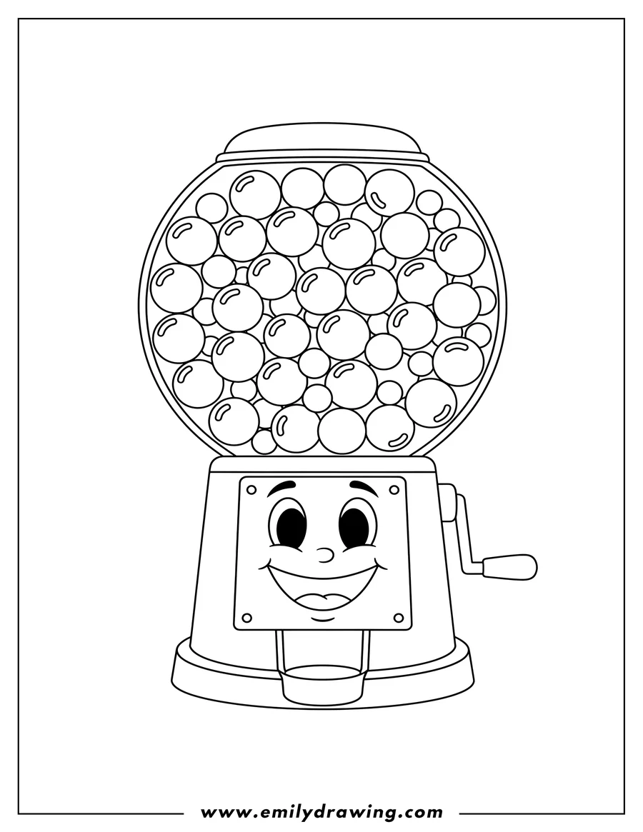 Free to print drawing of simple Outline Gum Ball Machine with gumballs inside and a cute face
