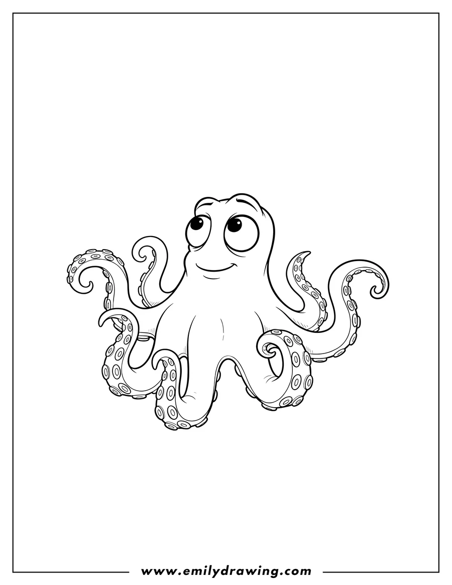 Clean line drawing: simple Outline Hank the octopus looking up