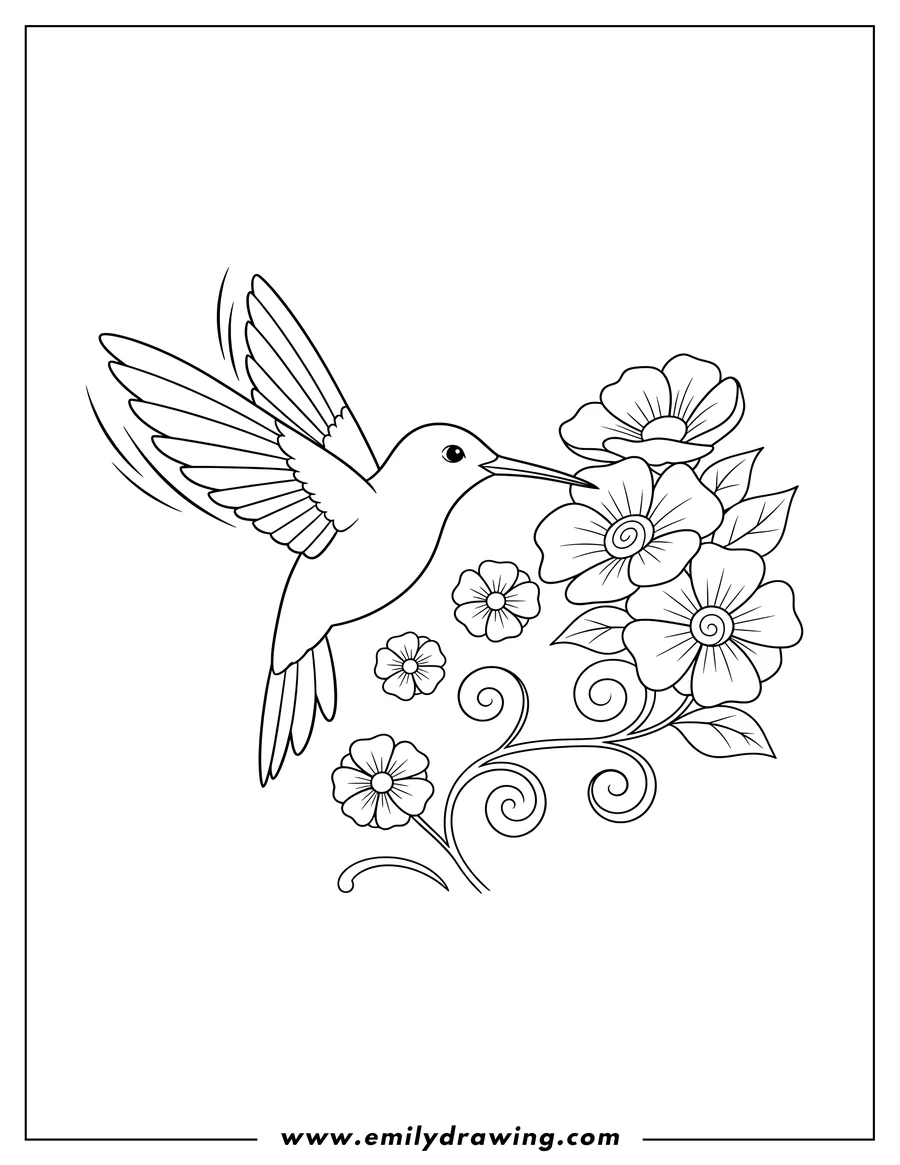 Simple sketch of simple Outline Hummingbird in flight near flowers to color