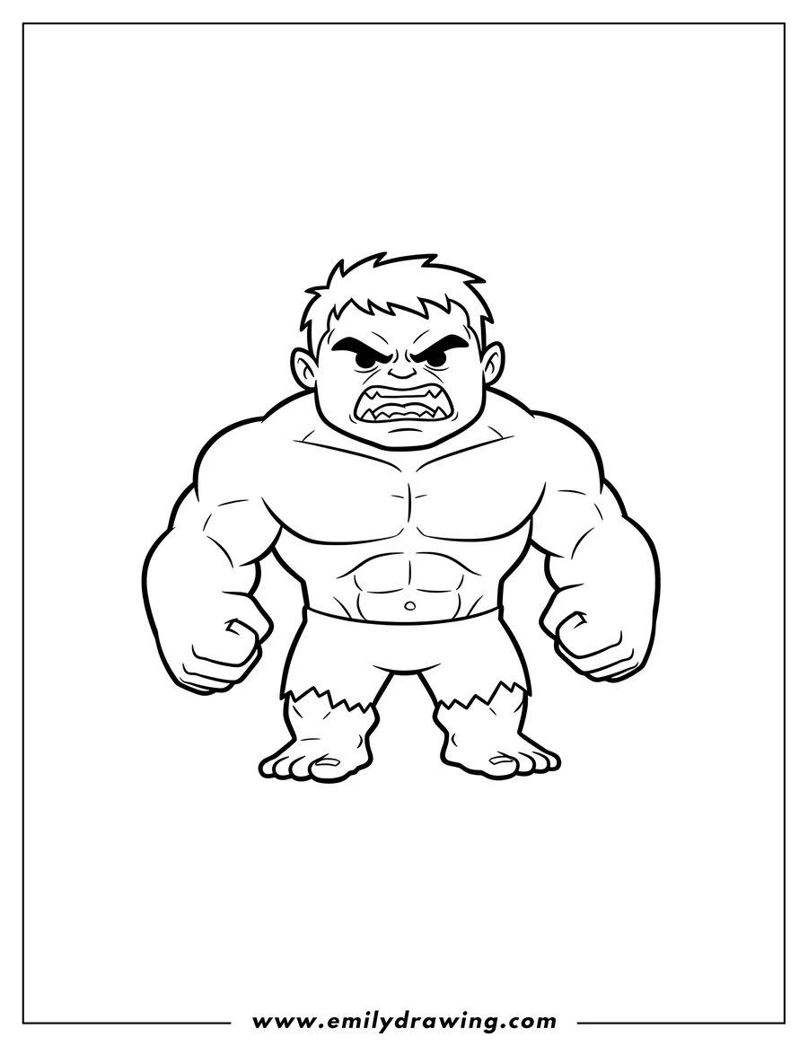 Free to print drawing of simple Outline Incredible Hulk Preschoolers Scaled, standing with an angry expression