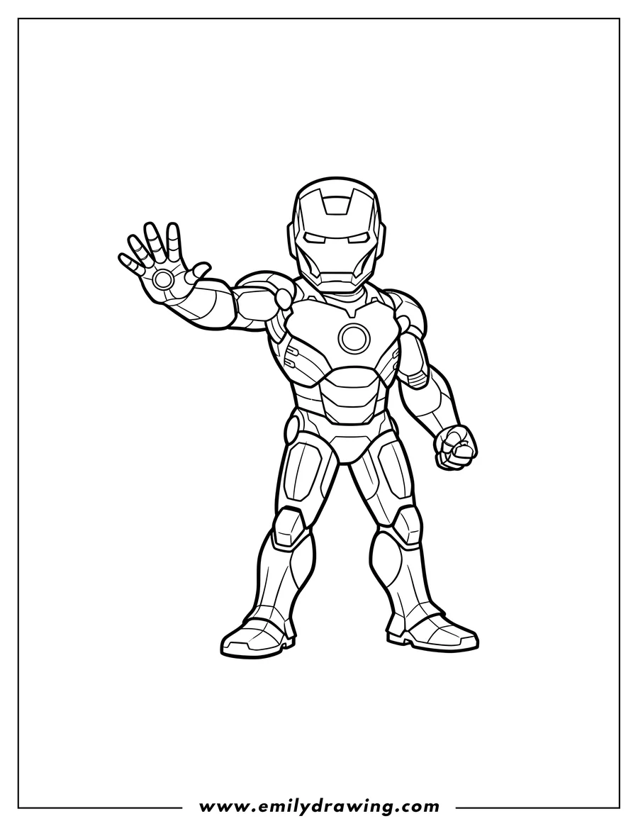 High quality printable simple Outline Iron Man From Avengers standing with right arm extended, palm open, and left fist clenched for coloring