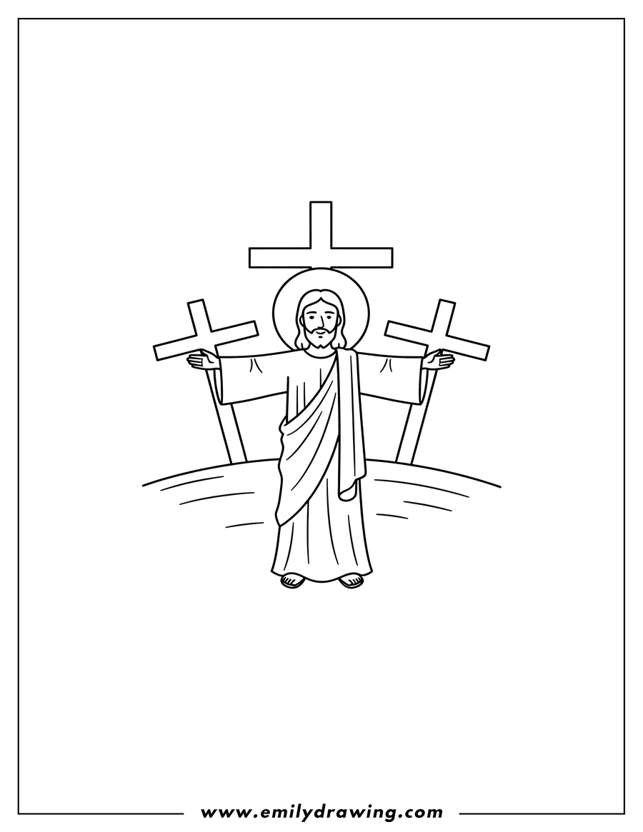 Clean line drawing: simple Outline Jesus with a halo and outstretched arms, with three Calvary crosses