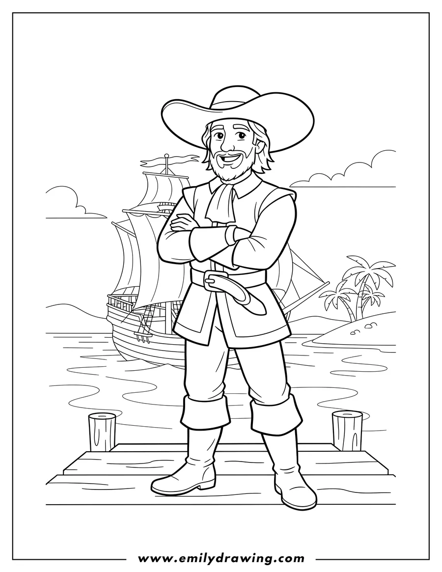 Printable line art of simple Outline John Smith on port with arms crossed and smiling