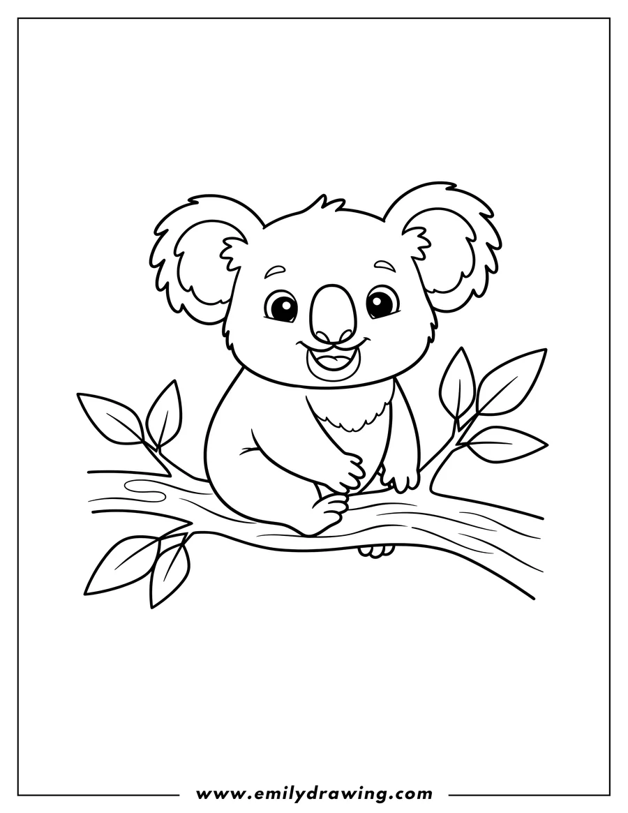 PDF style coloring page: simple Outline Koala Preschoolers Scaled, sitting on a tree branch, smiling