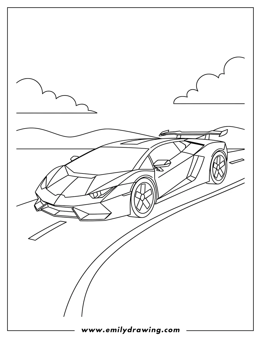 Black and white line art of simple Outline Lamborghini Supercar Scaled, angled on a road