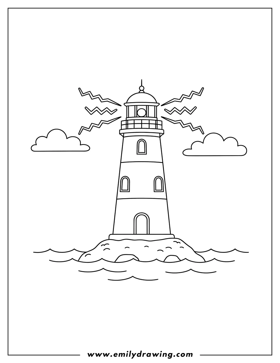 Simple sketch of simple outline lighthouse flashing light with arched windows, coloring page for preschoolers to color