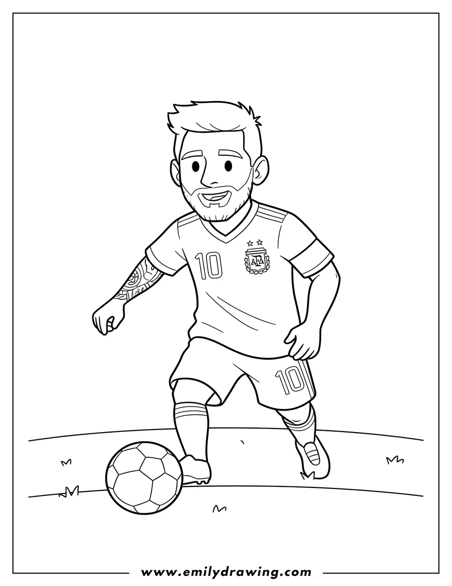 Simple sketch of simple Outline Lionel Messi To Color, wearing a number 10 soccer jersey with an AFA logo, a beard, and an arm tattoo to color