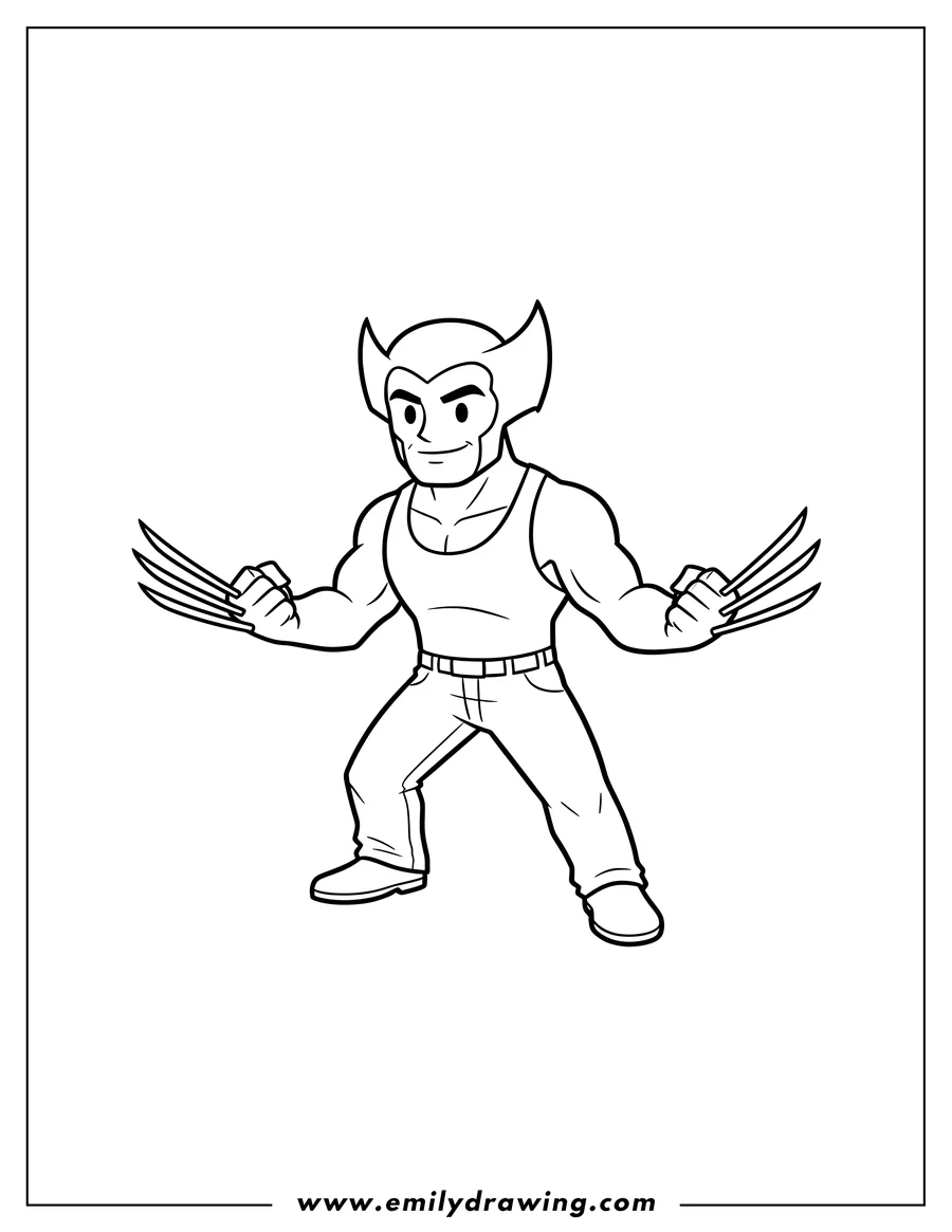 Coloring page for kids: simple Outline Logan Wolverine with claws extended, wearing a tank top and jeans