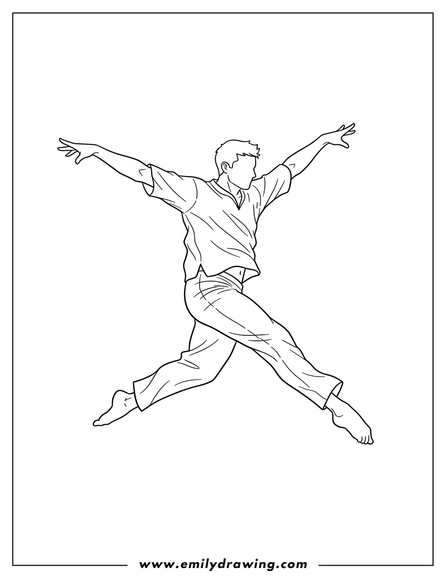 Coloring page for kids: simple Outline Man Performing Contemporary Dance, mid-leap with arms outstretched, one leg extended, and barefoot