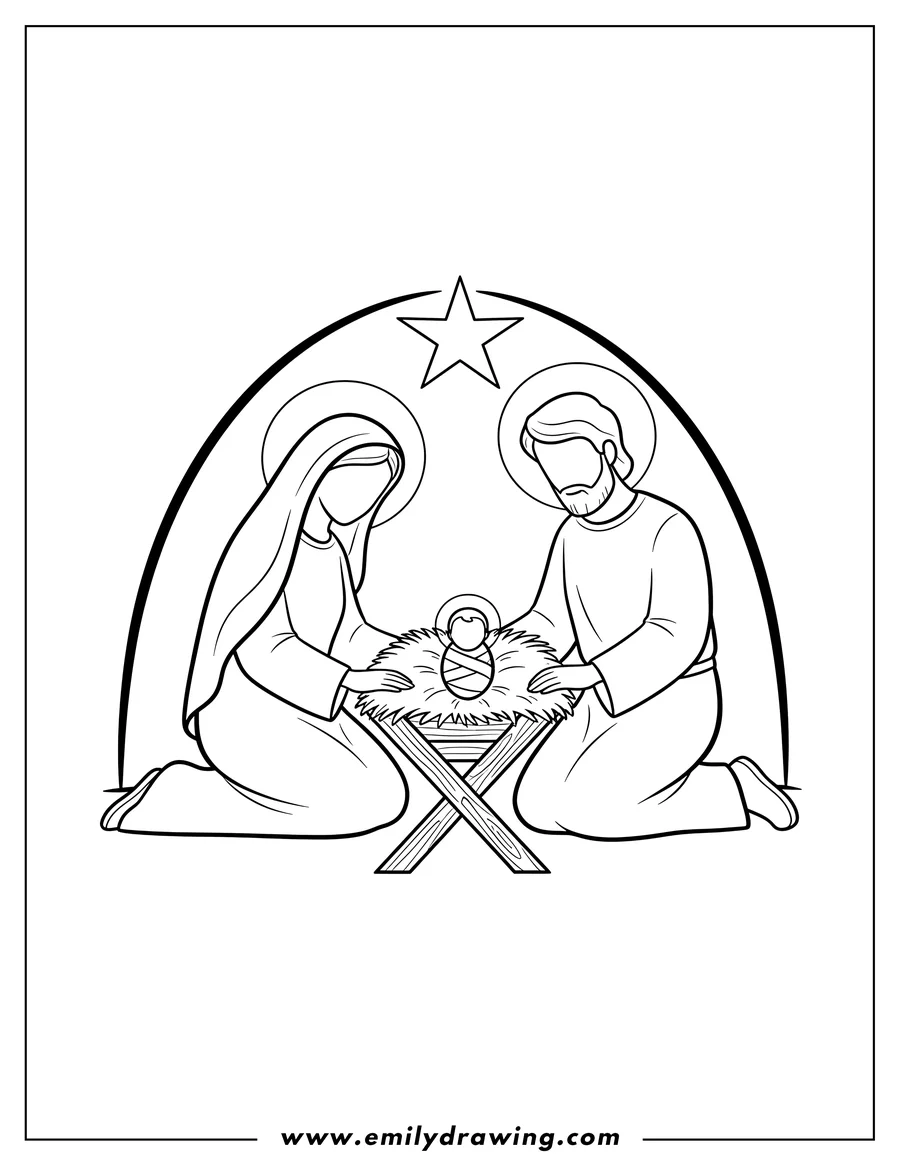 Simple sketch of simple Outline Mary, Joseph, and Baby Jesus in a Manger To Color to color