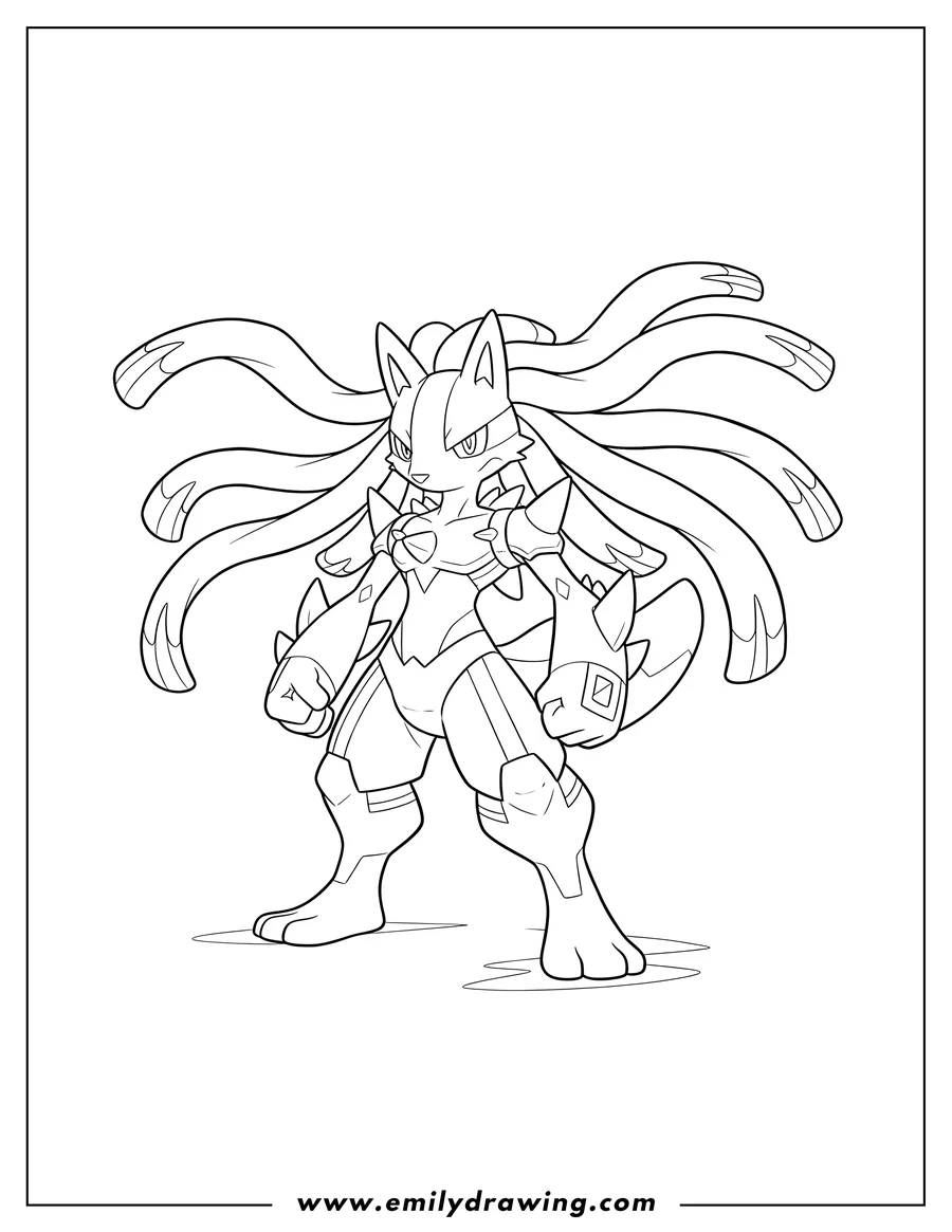 PDF style coloring page: simple Outline Mega Lucario standing with flowing dreadlocks