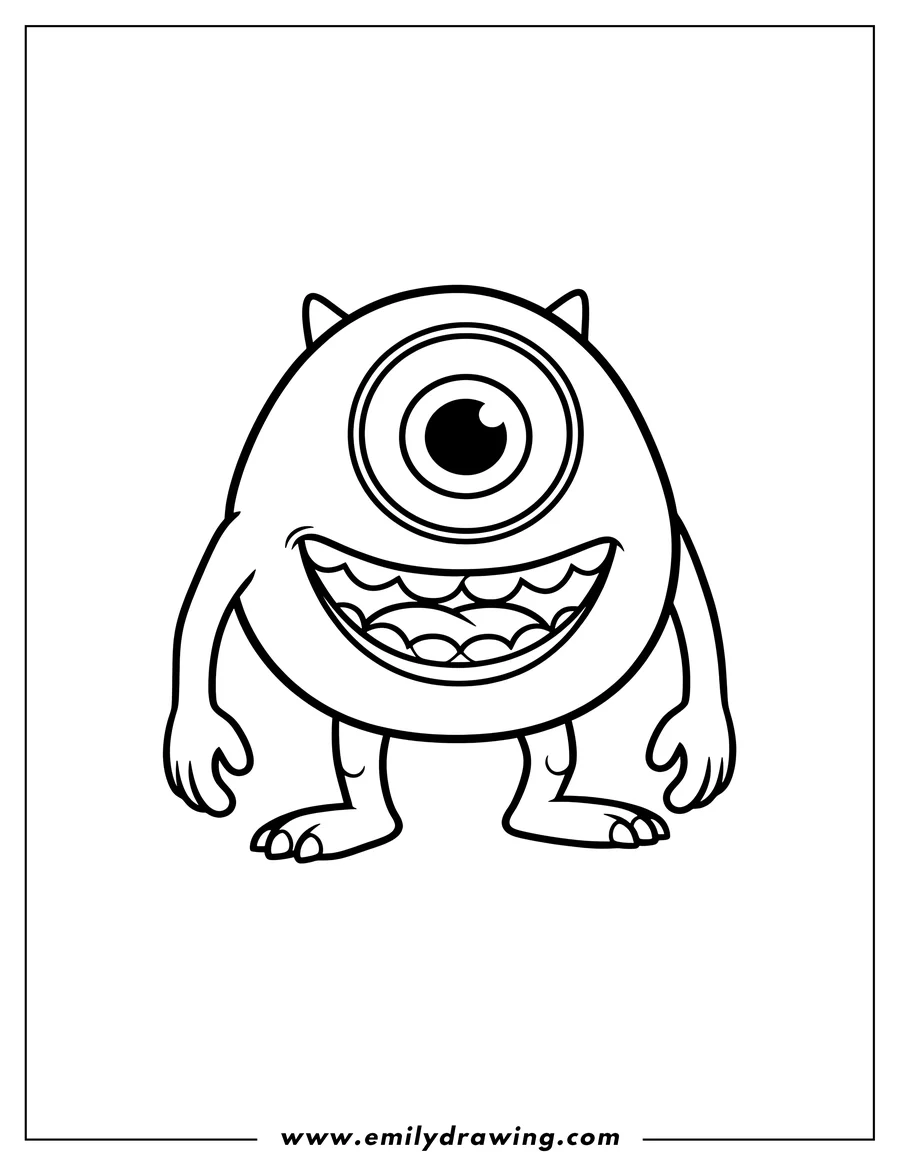 Printable line art of simple Outline Mike Wazowski standing, with an open mouth and visible teeth