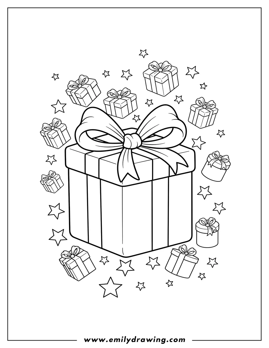 Free printable coloring sheet of A large simple outline present with a big bow, surrounded by floating smaller gifts and stars, for coloring