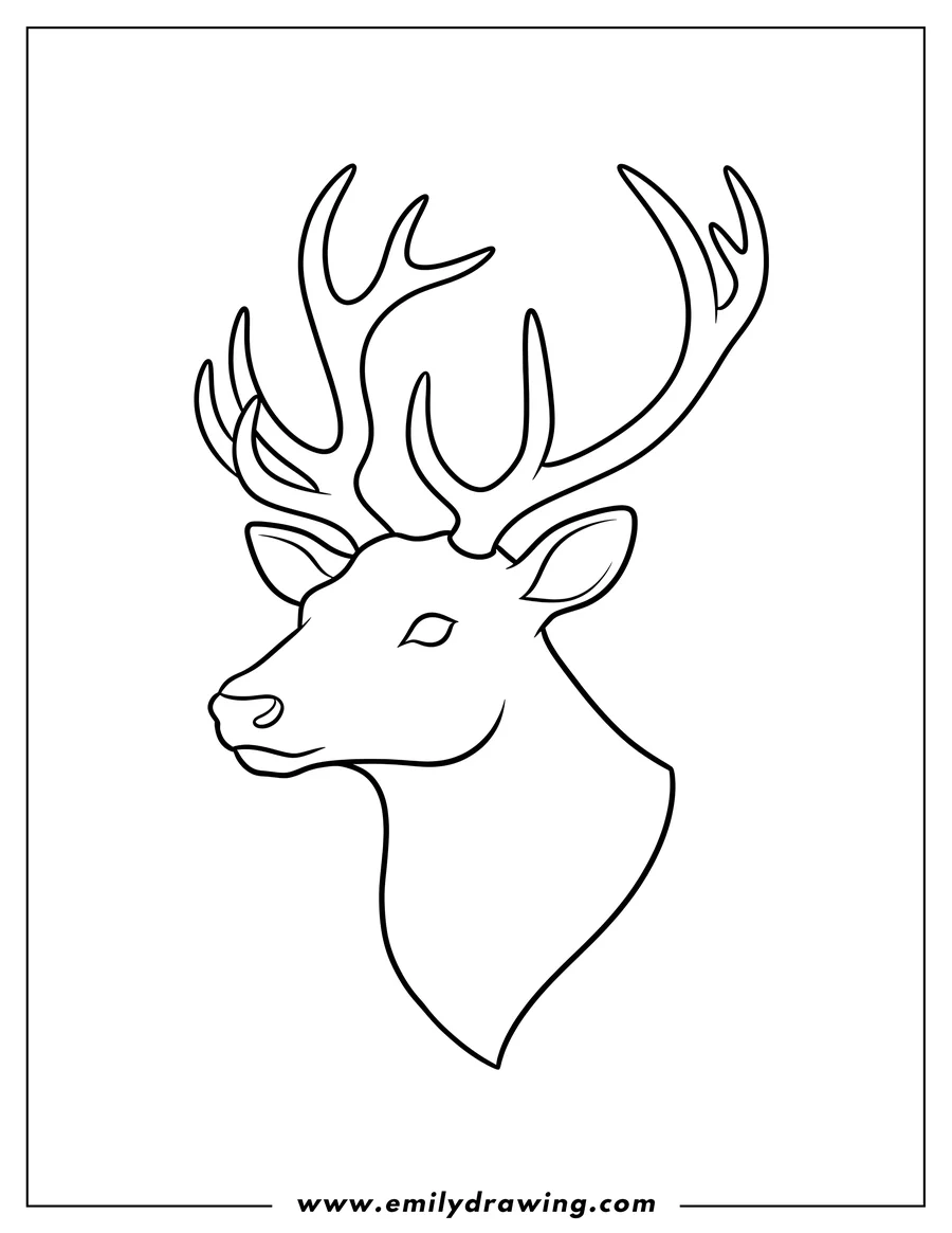 Full page coloring image of simple outline of a reindeer head with antlers, looking to the side