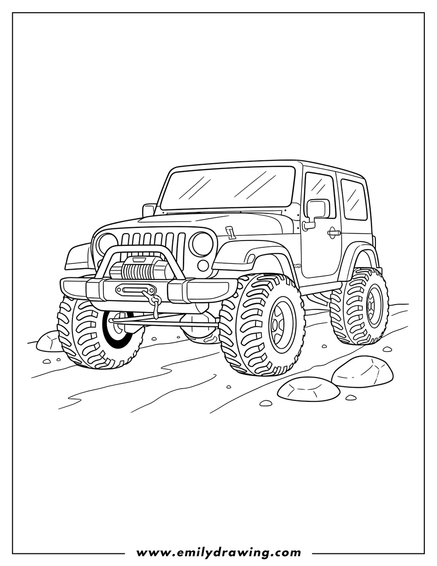 Outline drawing of simple Outline off-road Jeep with large tires and front winch