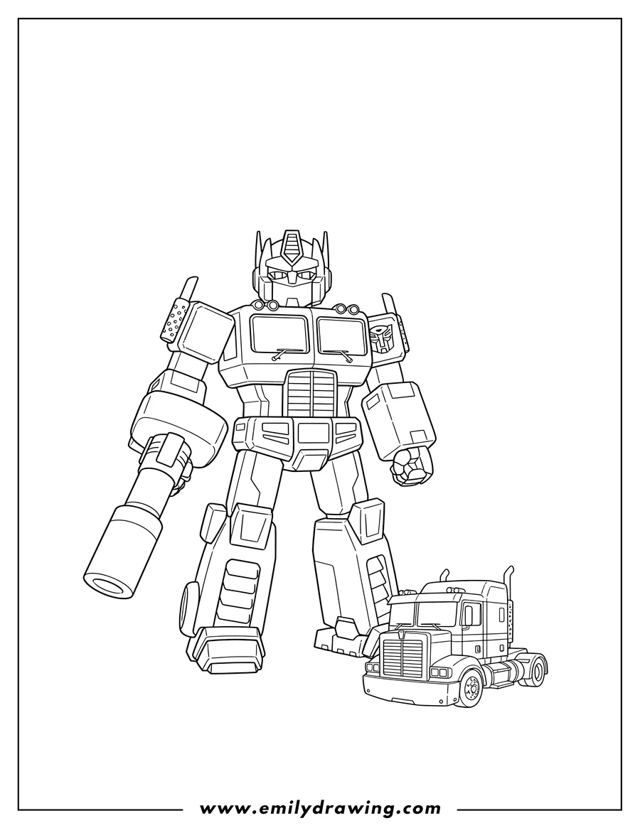 Coloring sheet featuring simple Outline Optimus Prime Autobot holding a blaster, standing next to his Truck Form
