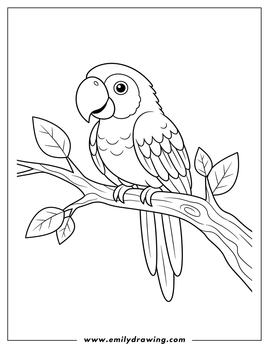 Coloring sheet featuring simple Outline Parrot To Color, perched on a branch