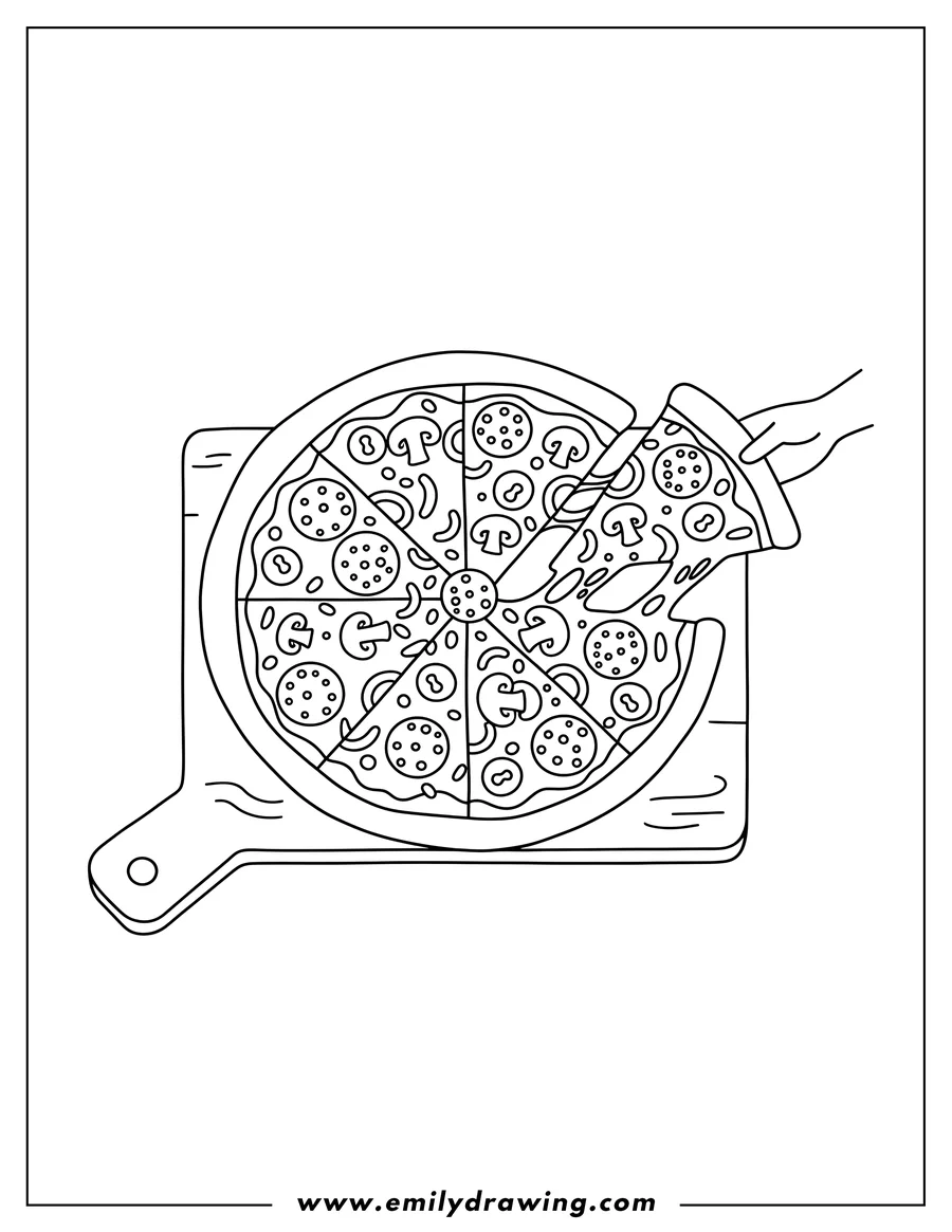 Linear illustration of A simple outline pizza with toppings and one slice pulled out, on a cutting board, for coloring