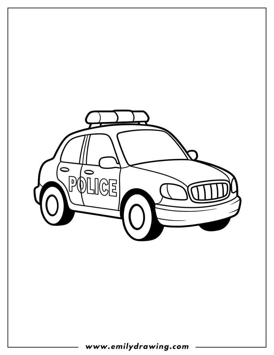 Coloring sheet featuring simple Outline Police Car with 'POLICE' text and roof lights