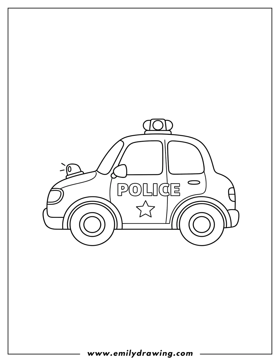 Printable coloring page of simple Outline Police Car To Color Scaled, with 'POLICE' text and a star on the side, and a roof light bar
