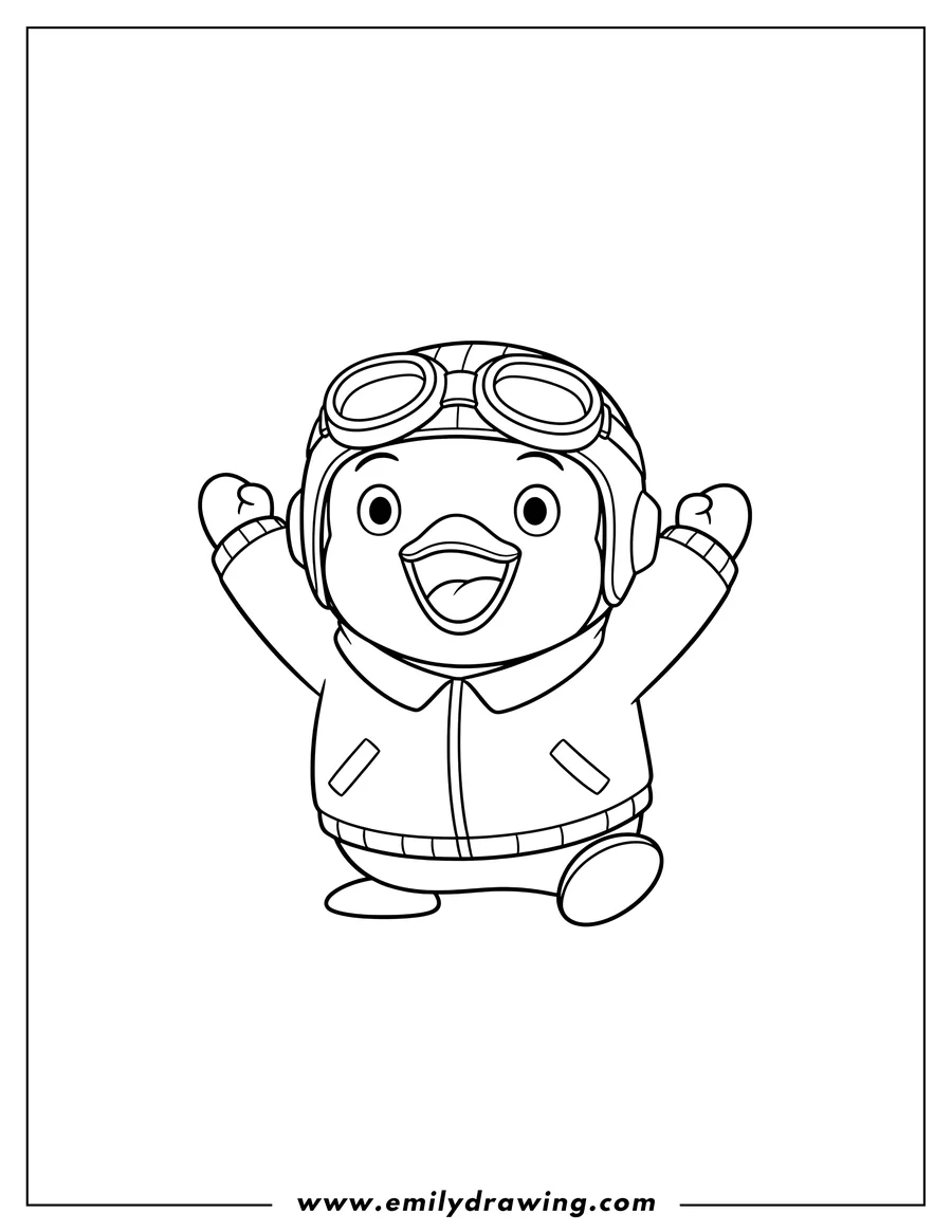 Coloring page for kids: simple Outline Pororo Cheering, wearing a pilot's helmet and goggles, with an open mouth and arms raised