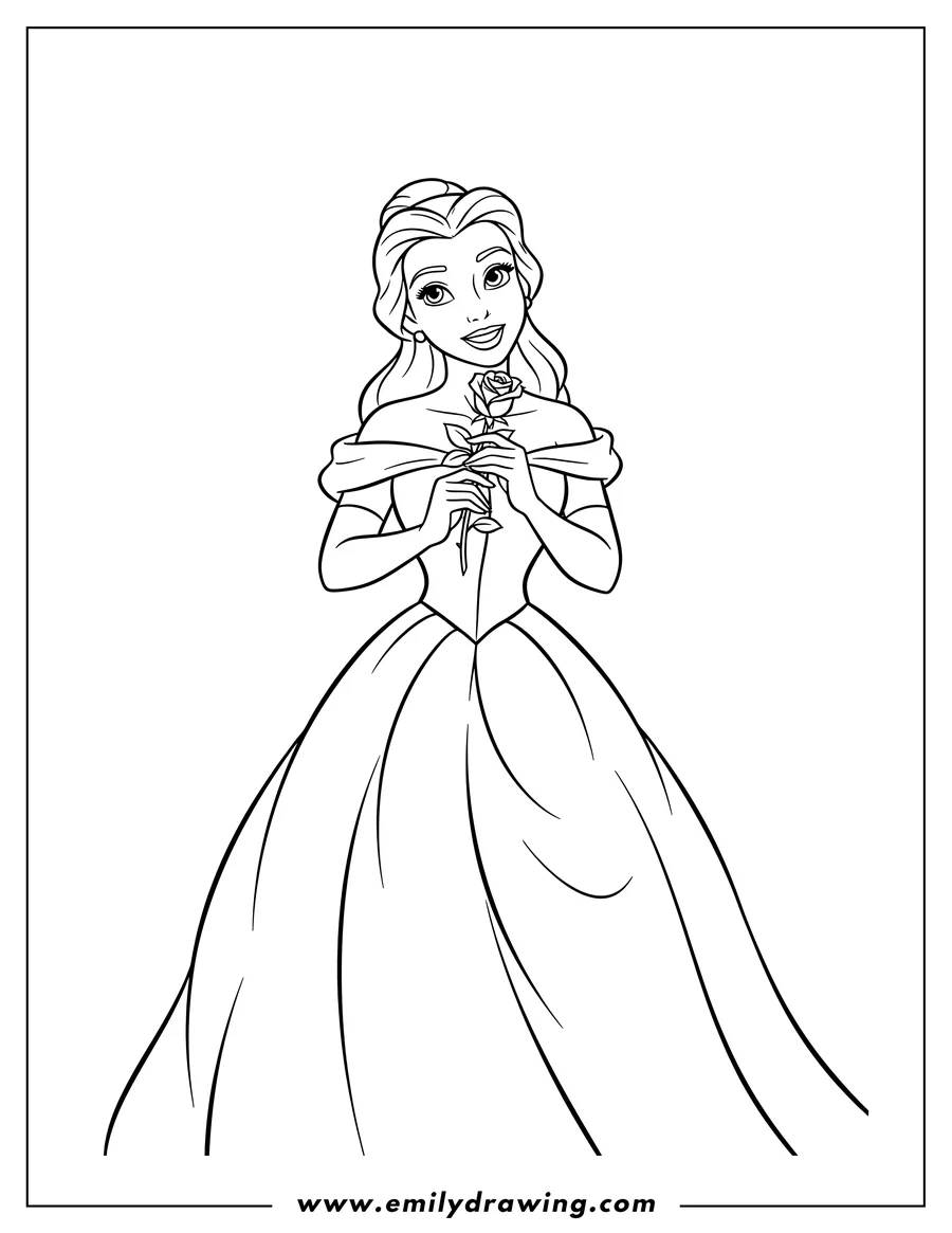 Doodle style coloring picture of simple Outline Princess Belle smiling and looking up, holding a rose with both hands