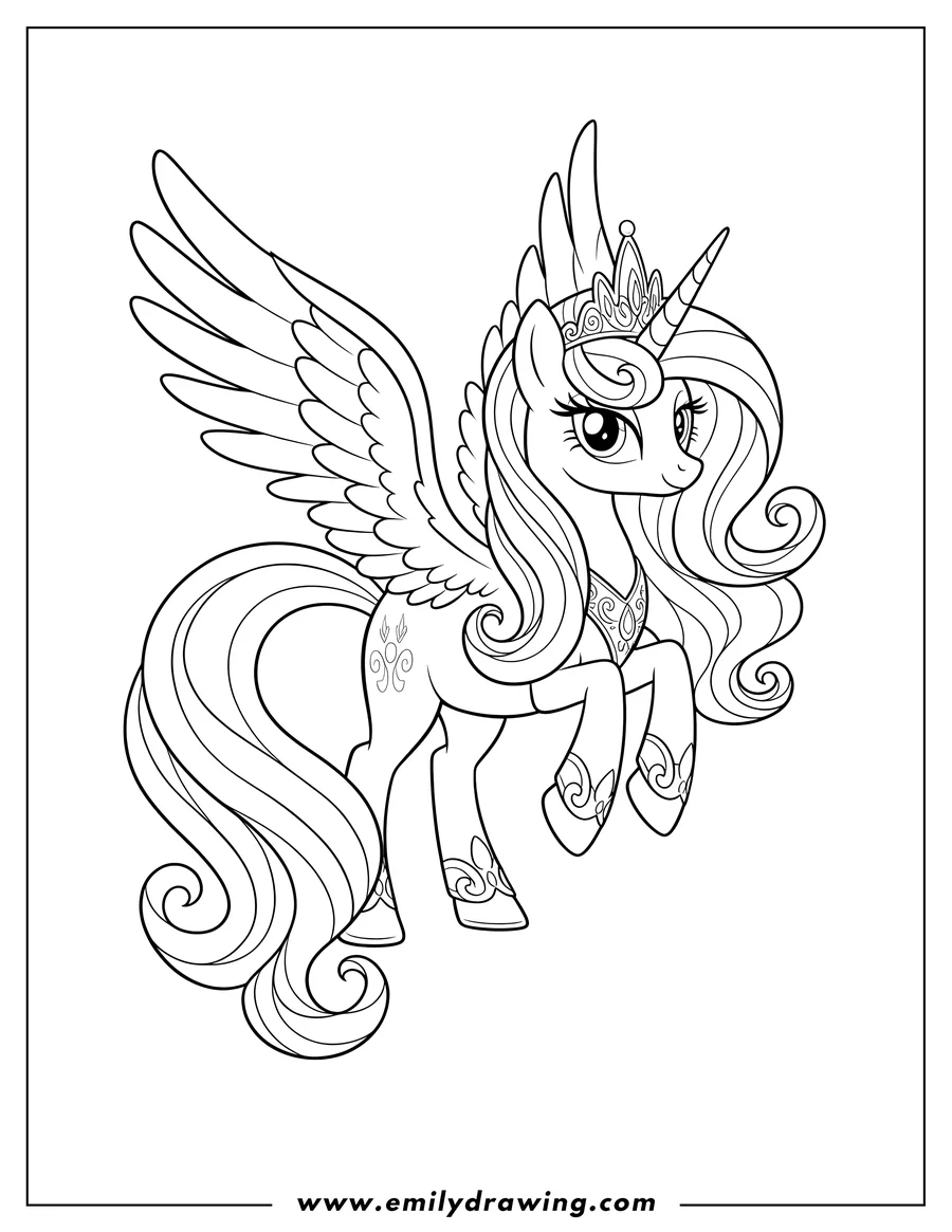 Downloadable coloring page of outline Princess Celestia To Color, with wings, horn, and flowing mane