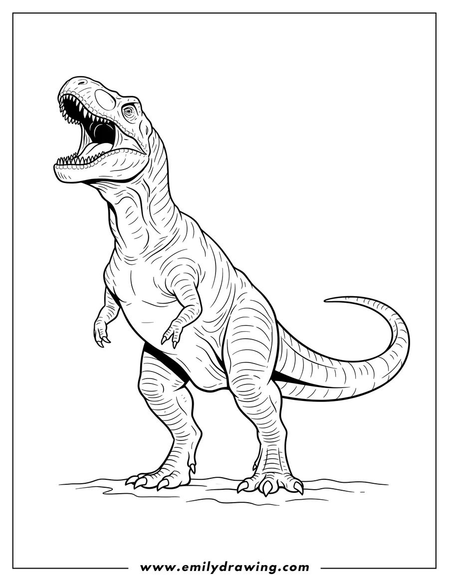 Black and white line art of simple Outline Realistic Gigantosaurus roaring, standing