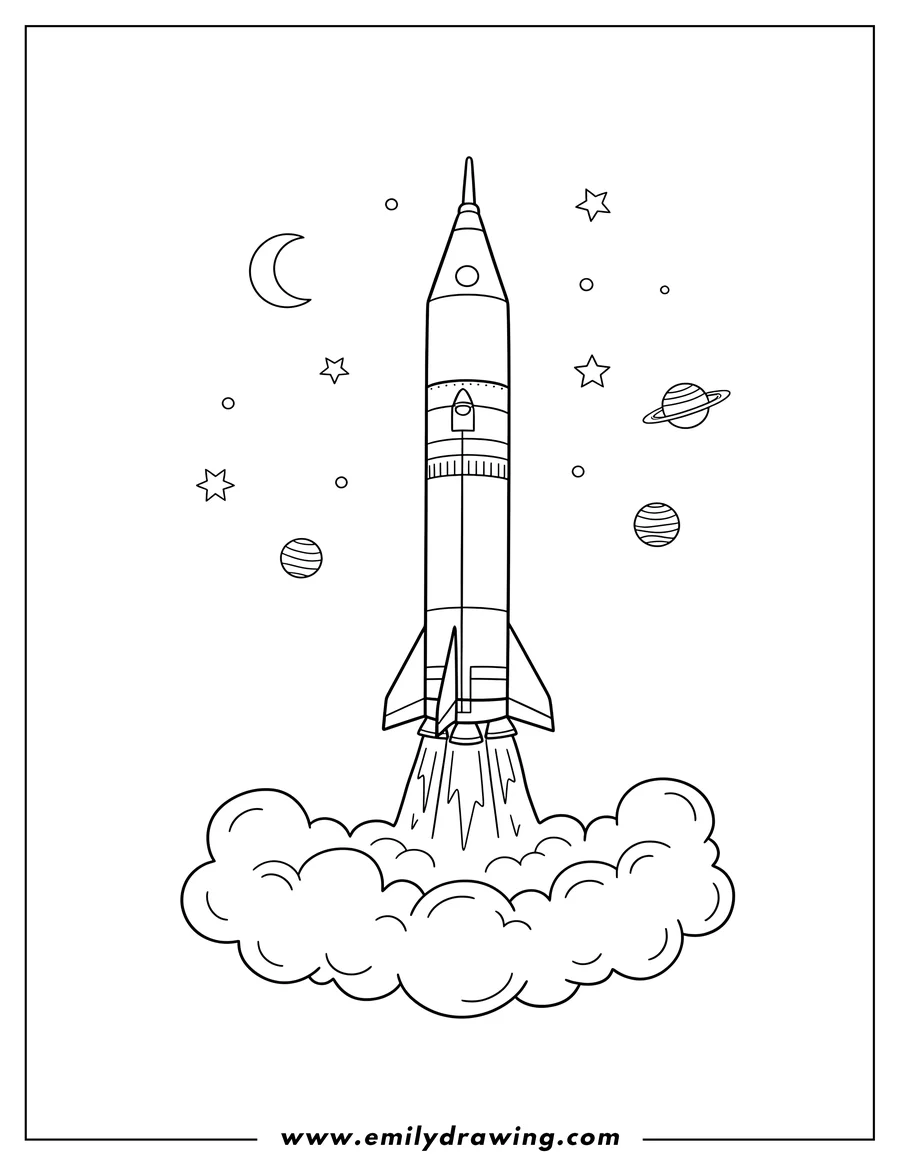Free printable coloring sheet of simple Outline Saturn V Rocket launching with exhaust, To Color Scaled
