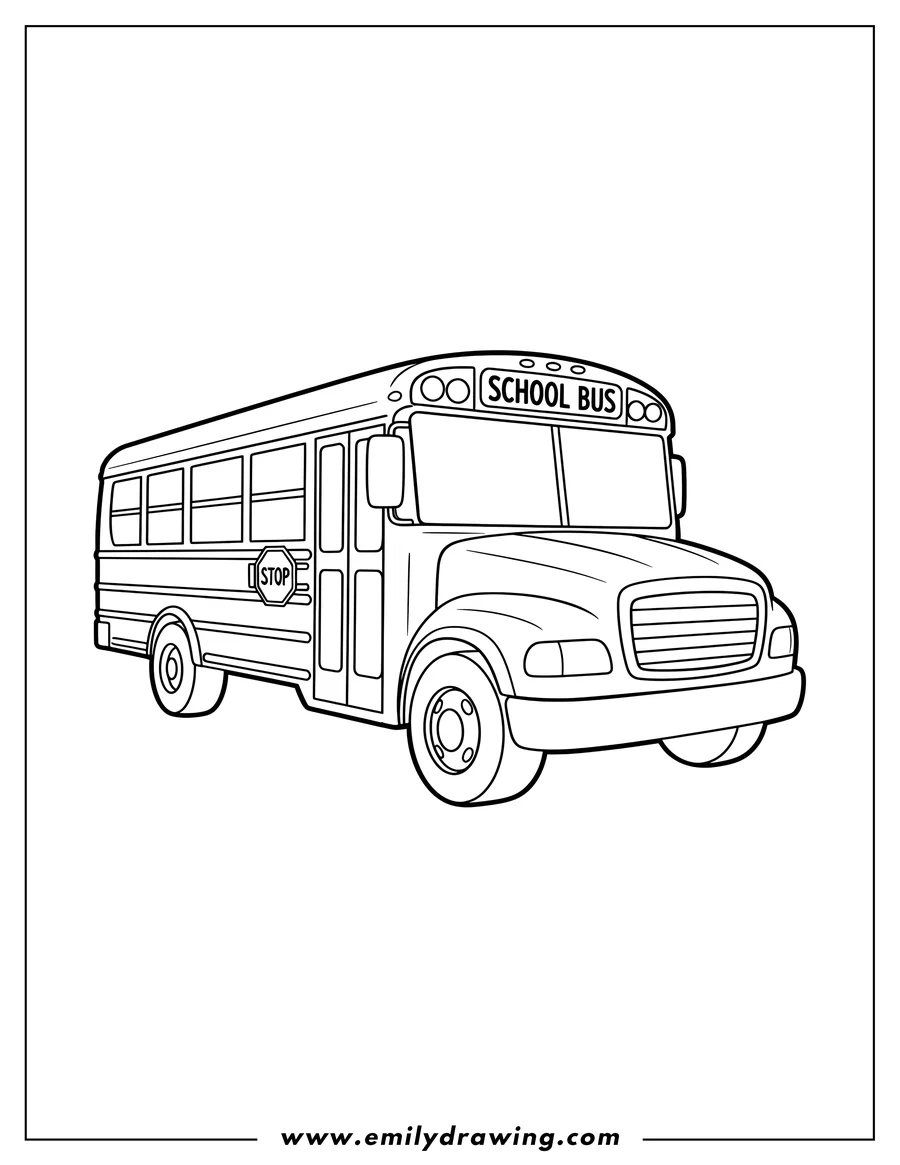 Full page coloring image of simple Outline School Bus Preschoolers, angled front-side view, with SCHOOL BUS text on front
