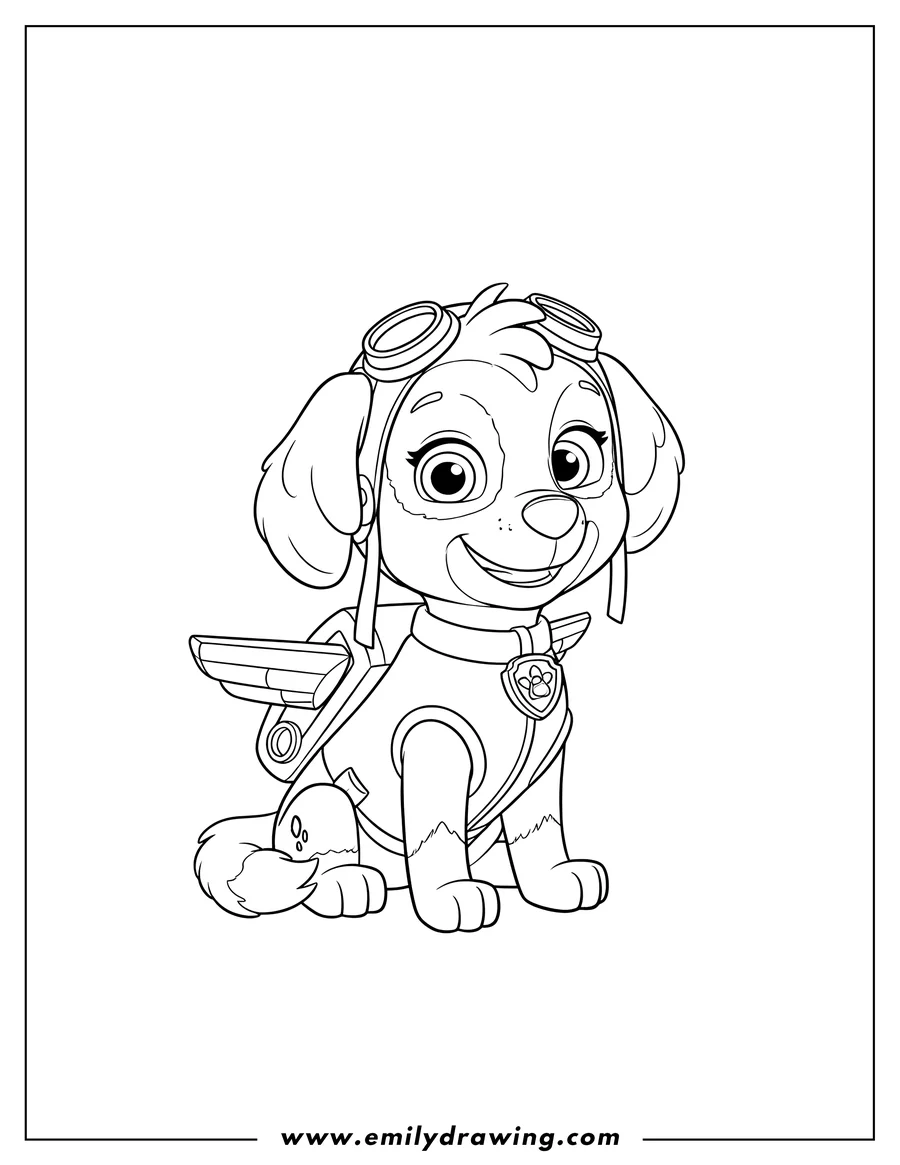 Printable line art of simple Outline Skye from Paw Patrol sitting, wearing her pilot uniform, To Color Scaled