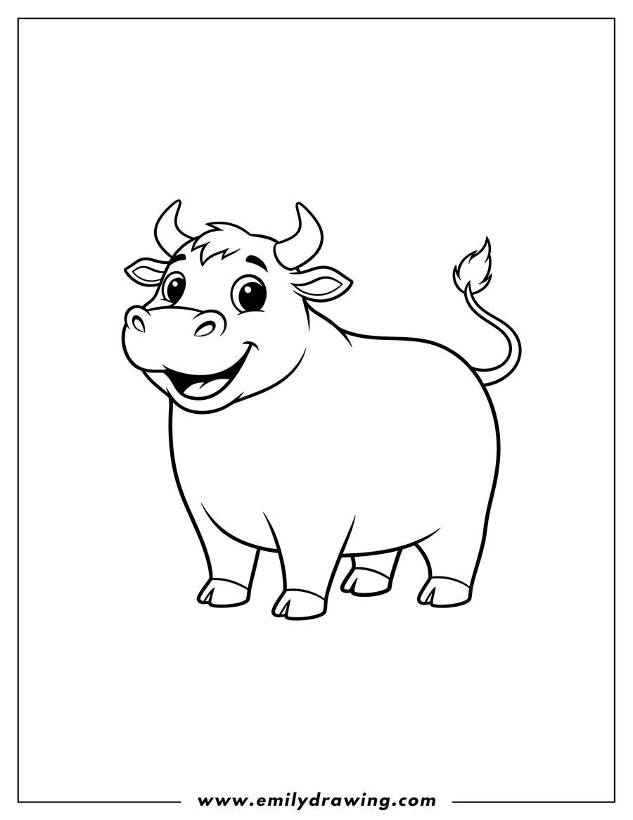 Printable coloring page of simple Outline Smiling Bull Standing To Color
