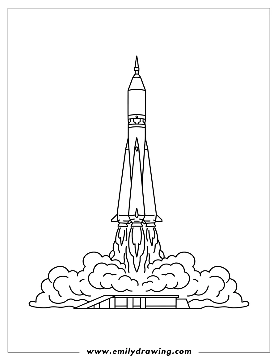 Outline drawing of simple Outline Soyuz Rocket launching with exhaust To Color Scaled