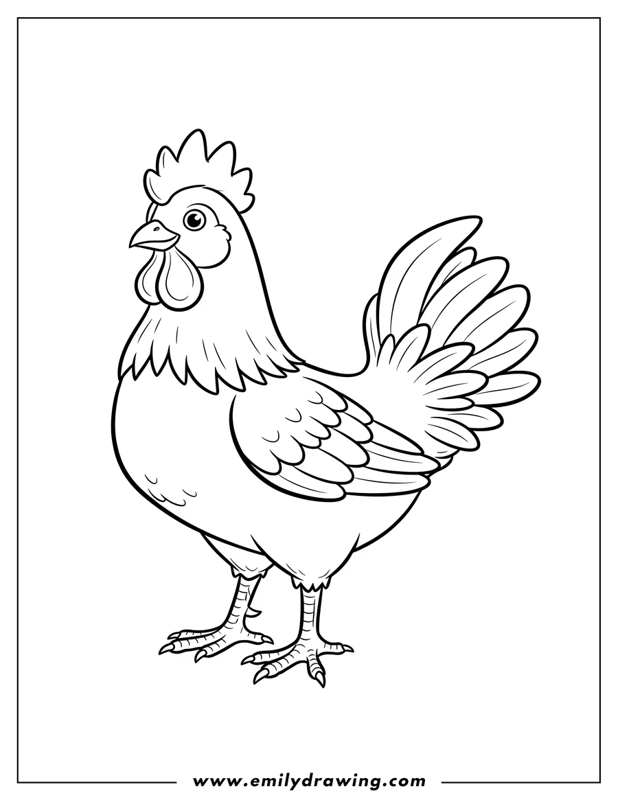 Printable coloring page of simple Outline Standing Chicken with Comb and Wattles To Color