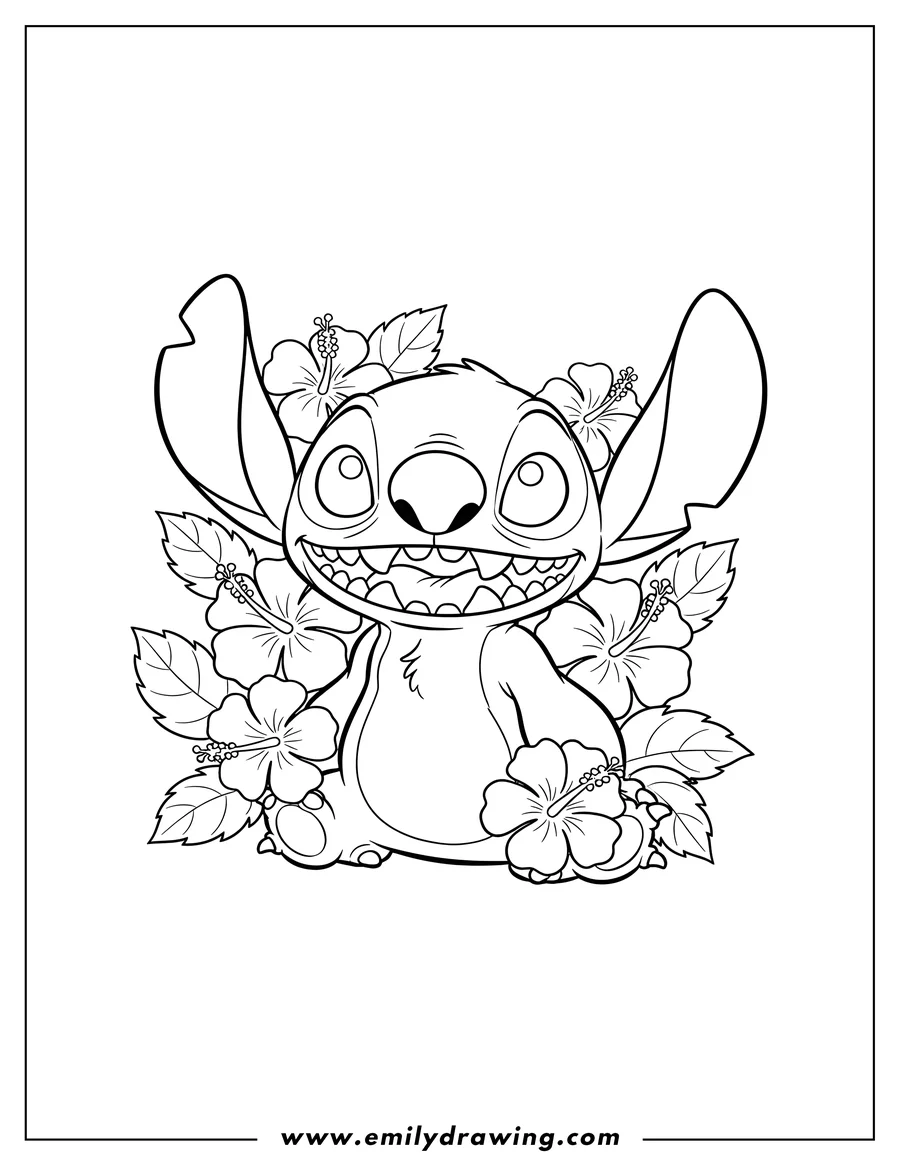 Linear illustration of simple Outline Stitch, grinning widely and showing teeth, with hibiscus flowers to color