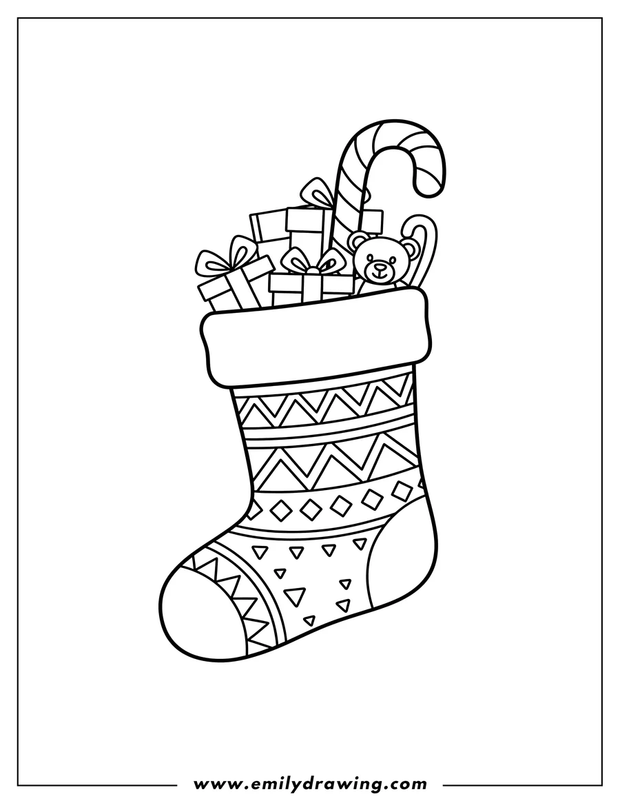PDF style coloring page: simple Outline Christmas Stocking filled with presents and a candy cane, featuring a geometric pattern