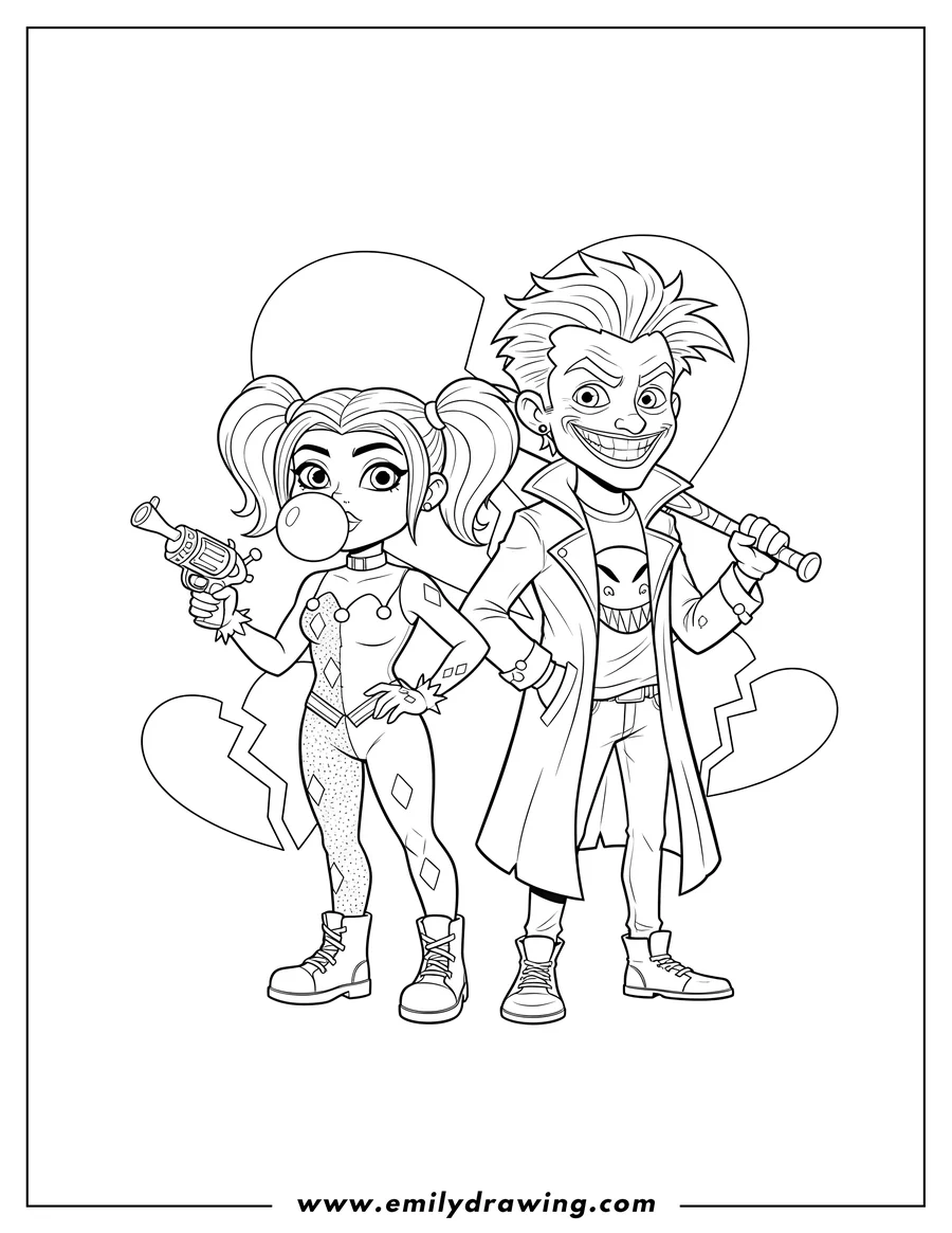 Clean line drawing: outline Suicide Squad Joker And Harley Quinn, Harley blowing bubblegum and holding a gun, Joker holding a baseball bat