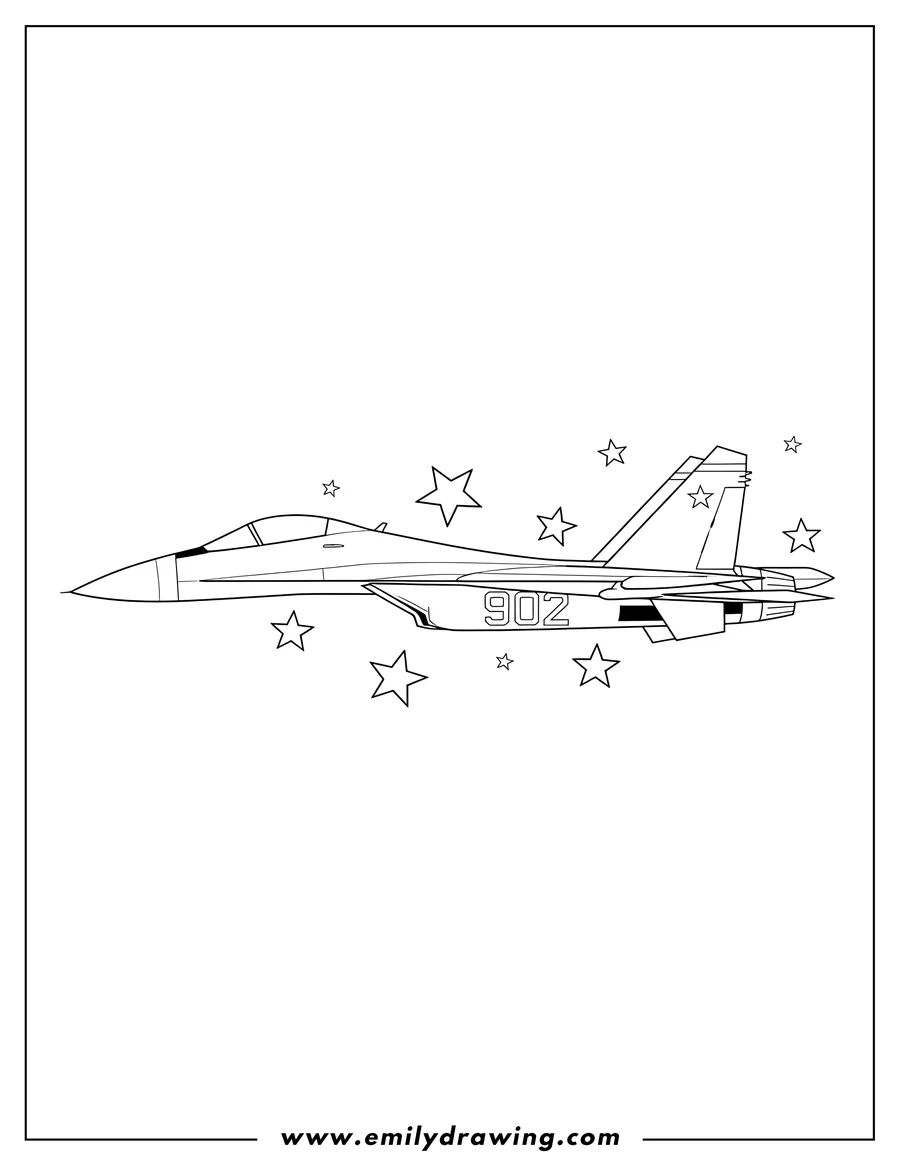 Printable line art of simple Outline Sukhoi Su 35 Russian Jet, side profile, with stars and number 902