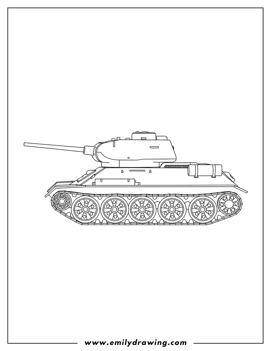 Full page coloring image of simple Outline Tamiya T-34 Tank, side view