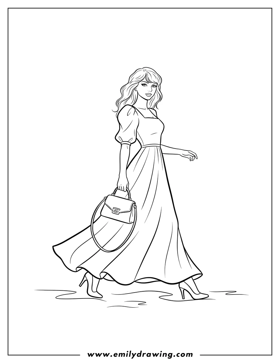 Coloring page for kids: simple Outline Taylor Swift walking in a dress with a handbag