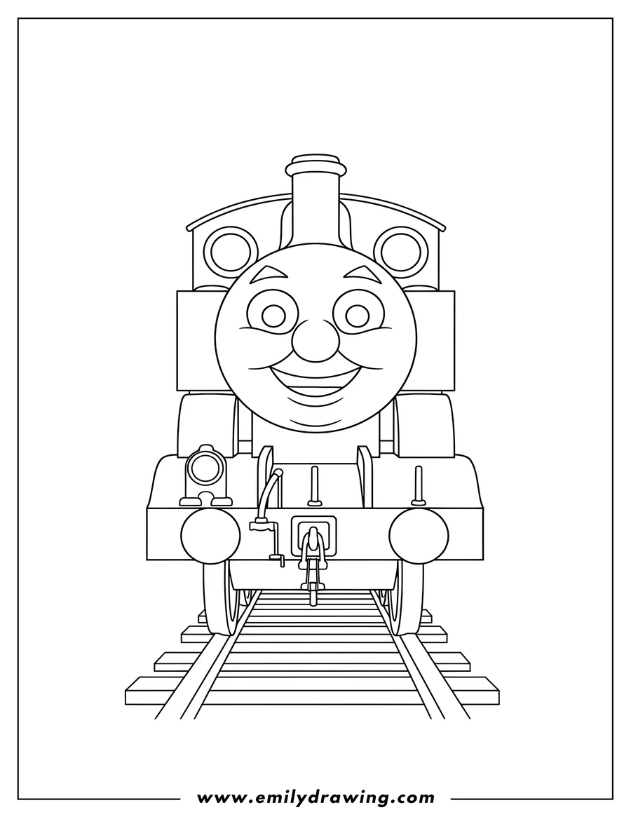 Coloring page of simple Outline Thomas Tank Engine To Color Scaled, smiling and facing forward on train tracks