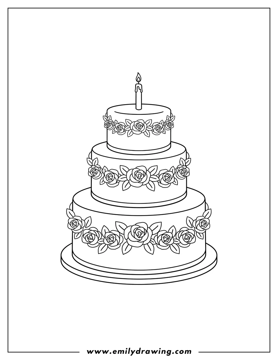 Clean line drawing: simple Outline Tiered Wedding Cake with roses, leaves, and a candle