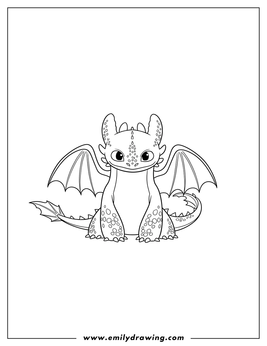 Black and white line art of simple Outline Toothless standing, looking forward