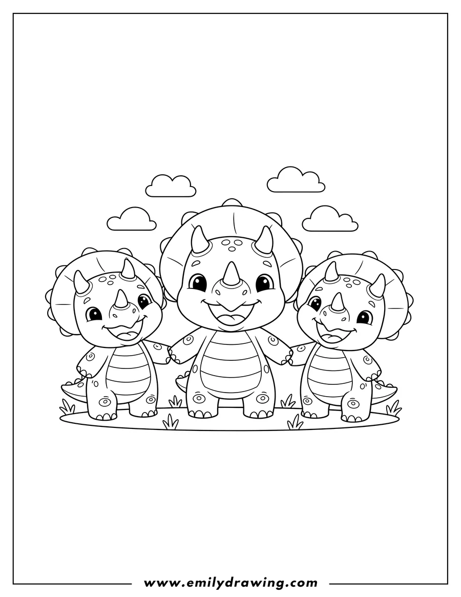 Clean line drawing: simple Outline Triceratops Toddlers Scaled, standing and smiling