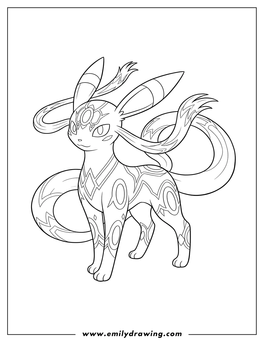 Black and white line art of simple Outline Umbreon Mega Evolution with large flowing ears and tail and intricate body markings
